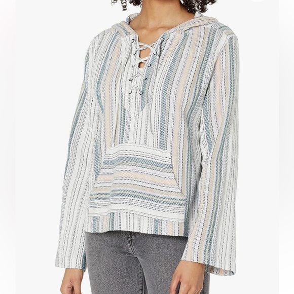 Roxy Sweater Top Cabo Trip Poncho Womens Medium Stripe Hood Pockets - Picture 1 of 12